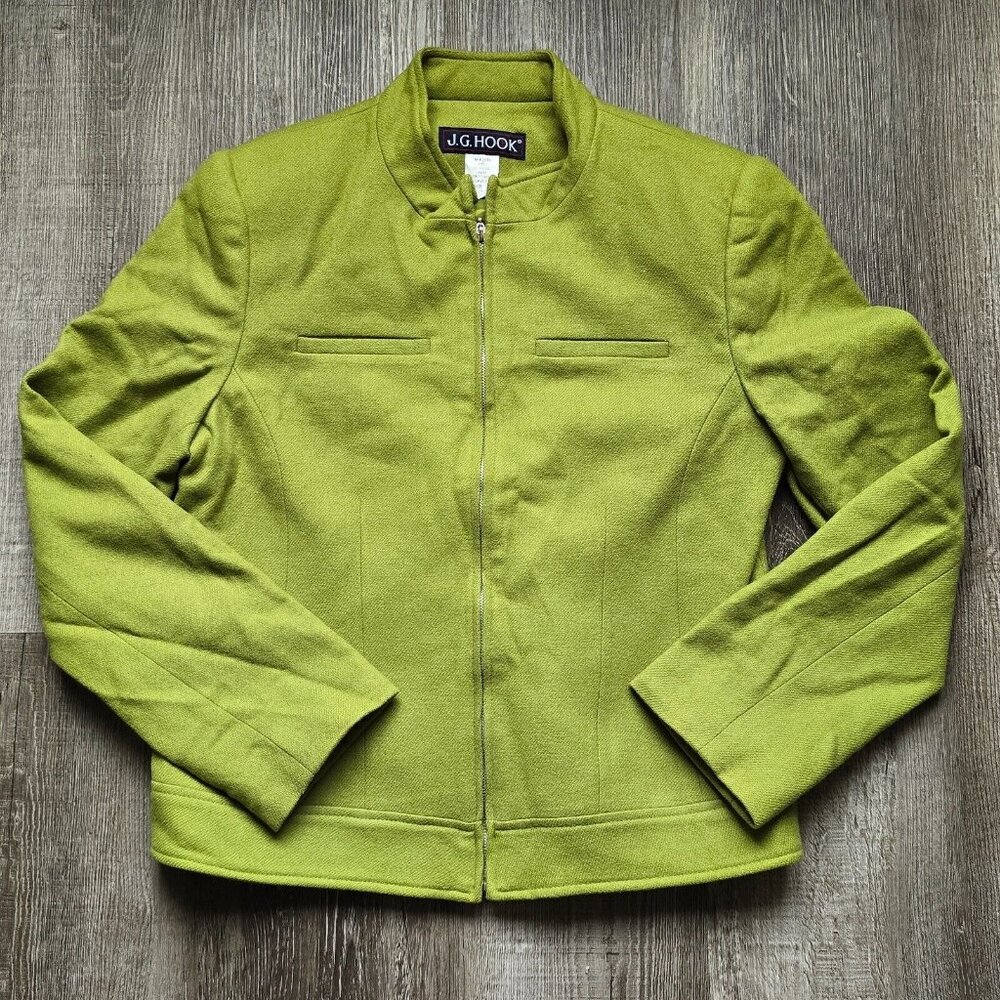 JG Hook Jacket Womens Sz 8 Wool Vintage Green Mock Collar Zip Long Sleeve Lined